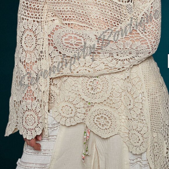 POL Bohemian Victorian Floor Length Hi Low Semi Sheer Crochet Oversized Top - Picture 4 of 13
